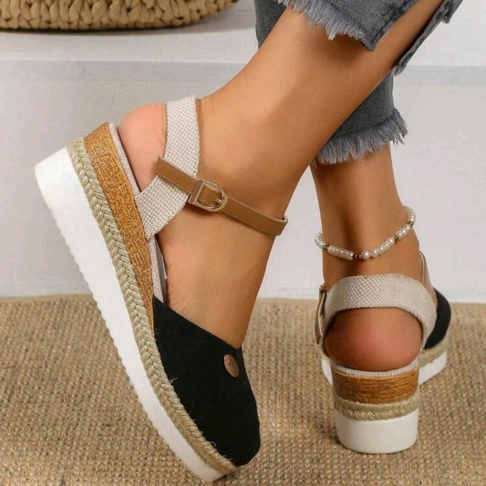 Women's Hollow-out Wedge Heel Sandals With Woven Sole, Black, Elegant Style - Picture 3 of 7